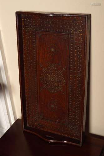 19TH-CENTURY INDIAN HARDWOOD & BRASS INLAID TRAY