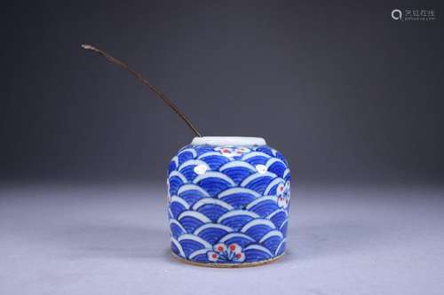 Old Tibetan blue and white porcelain water bowl with wave pa...