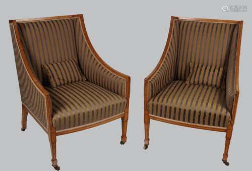 PAIR SHERATON SATINWOOD WINGBACK ARMCHAIRS