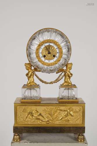 FRENCH EMPIRE ORMOLU & ROCK CRYSTAL MANTLE CLOCK