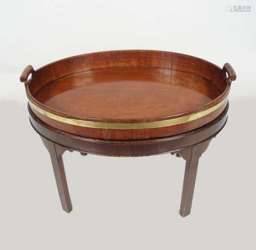 LARGE GEORGE III BRASS BOUND TRAY ON STAND