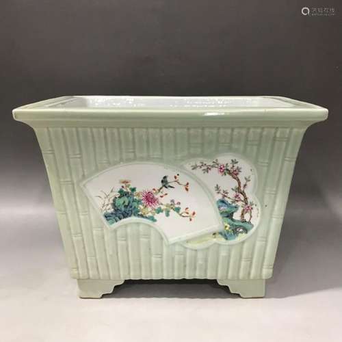 Pink celadon glaze bamboo window open pastel flower and bird...