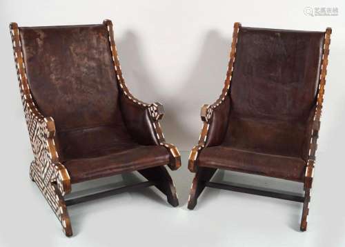 PAIR MORROCAN DESIGNER LEATHER CHAIRS