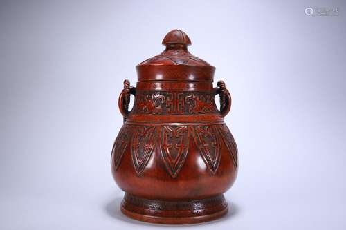 Old Tibetan bamboo carving pot with flower and bird patterns