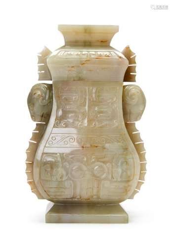 A LARGE CHINESE CELADON JADE VESSEL & COVER IN ARCHAIC F...