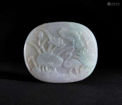 A CHINESE JADE "CRAB & CRANE" PLAQUE, QING DYN...