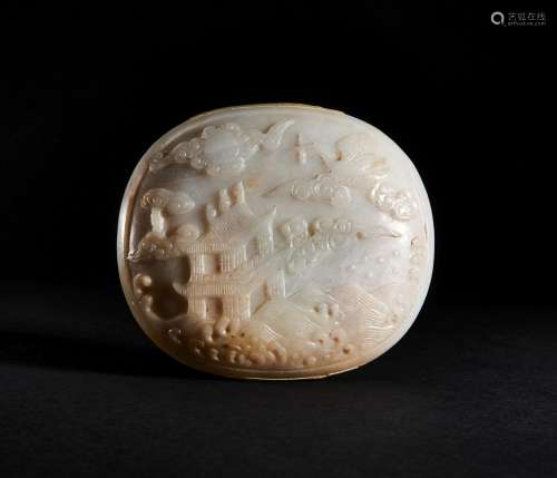 A CHINESE WHITE JADE PLAQUE DEPICTING A TOWER IN THE MOUNTAI...