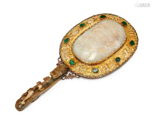 A CHINESE SILVER-GILT MOUNTED JADE MIRROR 18TH/19TH CENTURY