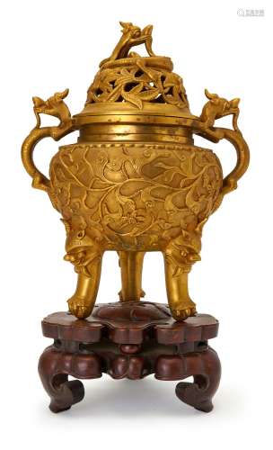 A LARGE CHINESE "DRAGON" GILT BRONZE TRIPOD CENSER...