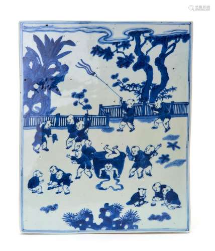 A RARE BLUE AND WHITE \'FIGURAL\' PLAQUE, MING DYNASTY, WANL...