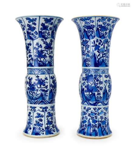 A PAIR OF CHINESE BLUE & WHITE BEAKER GU VASES, KANGXI P...