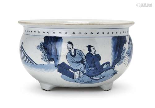 A CHINESE FIGURAL BLUE & WHITE TRIPOD CENSER, KANGXI PER...