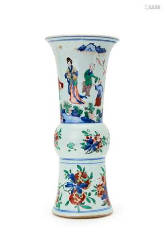 A LARGE CHINESE FIGURAL WUCAI GU BEAKER VASE, SHUNZHI (1644-...