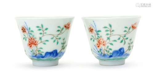 A PAIR OF CHINESE WUCAI FLORAL WINE CUPS, GUANGXU MARK &...