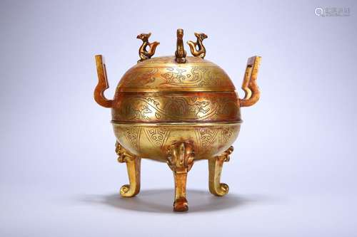 Old Tibetan Gilt Bronze Tripod Incense Burner with Spiritual...