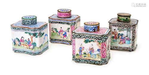 FOUR CHINESE CANTON ENAMEL ENAMEL TEA CADDIES, QIANLONG PERI...