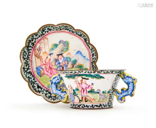 A CHINESE CANTON ENAMEL TWIN HANDELED CUP & DISH, QIANLO...