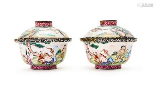 A PAIR OF CHINESE CANTON ENAMEL LIDDED BOWLS, QIANLONG PERIO...