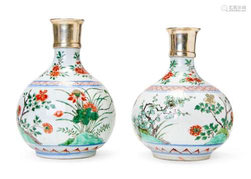 A PAIR OF A CHINESE FAMILLE VERTE SILVER TOP BOTTLE VASES KA...