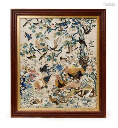 A LARGE CHINESE SILK EMBROIDERY PANEL OF COCKERELS, BIRDS &a...