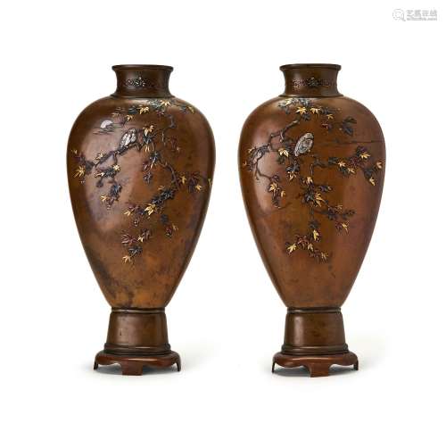 A PAIR OF JAPANESE MIX METAL BRONZE VASES, MEIJI PERIOD (186...