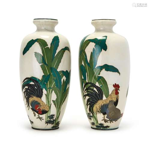 A PAIR OF JAPANESE CLOISONNE ENAMEL COCKEREL VASES, MEIJI PE...