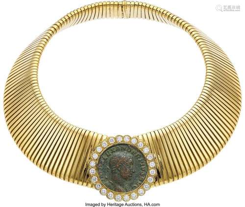 Diamond, Ancient Coin, Gold Necklace Stones: Full-cut diamon...