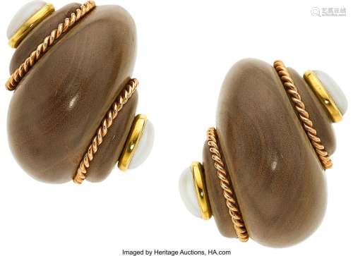 Verdura Wood, Cultured Pearl, Gold Earrings Pearls: Cultured...