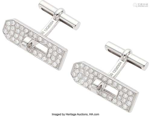 Hermès Diamond, White Gold Cuff Links, French Stones: Full-c...