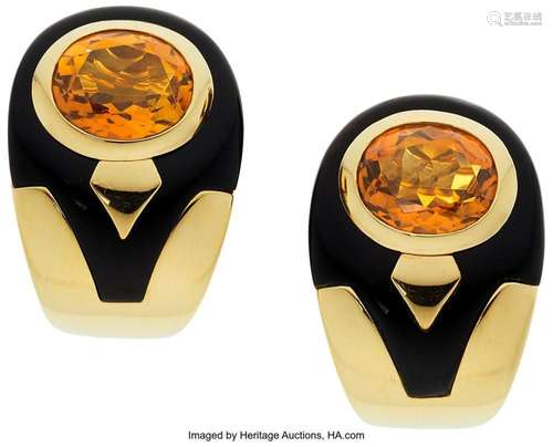 Citrine, Black Onyx, Gold Earrings Stones: Oval-shaped citri...