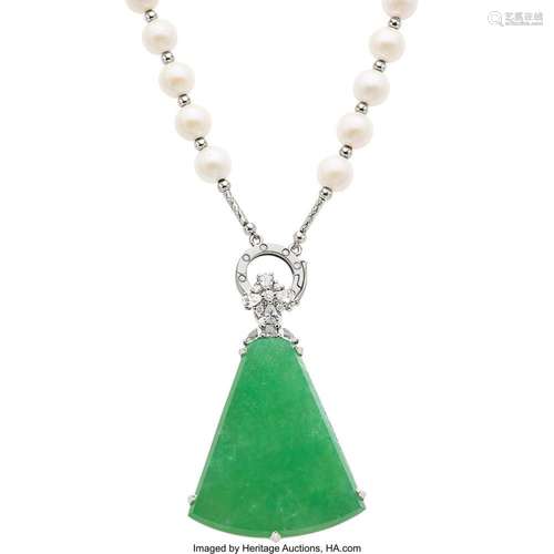 Diamond, Multi-Stone, Cultured Pearl, White Gold Pendant-Nec...