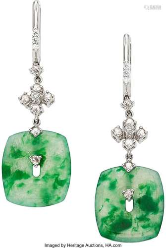 Jadeite Jade, Diamond, White Gold Earrings Stones: Carved an...