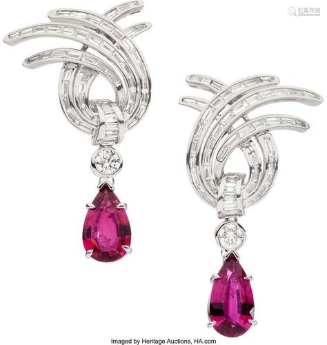 Diamond, Rubellite Tourmaline, White Gold Convertible Earrin...