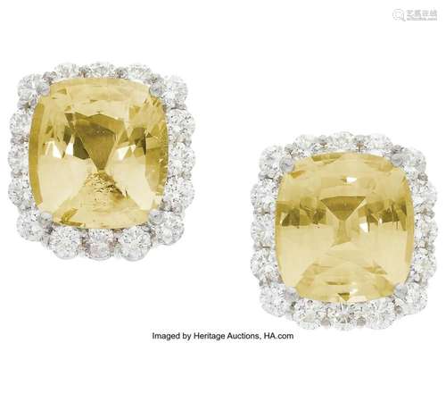 Yellow Sapphire, Diamond, White Gold Earrings Stones: Cushio...