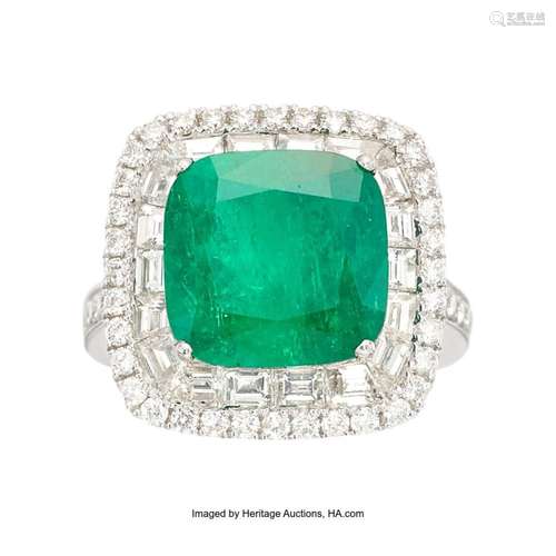 Colombian Emerald, Diamond, White Gold Ring Stones: Cushion-...