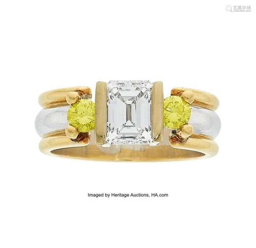 Diamond, Colored Diamond, Gold Ring Stones: Emerald-cut diam...