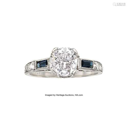 Art Deco Diamond, Sapphire, Platinum Ring Stones: Cushion-sh...