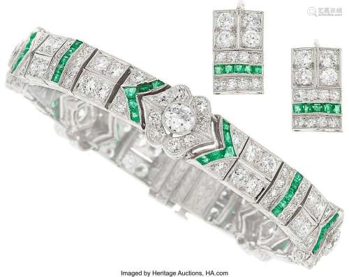 Diamond, Emerald, Platinum, White Gold Jewelry Suite Stones:...