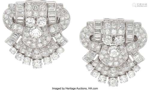 Art Deco Diamond, Platinum, White Gold Clip Brooches Stones:...