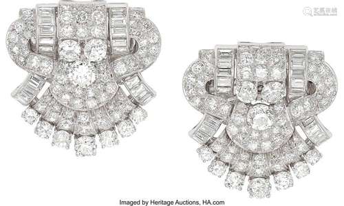 Art Deco Diamond, Platinum, White Gold Clip Brooches Stones:...