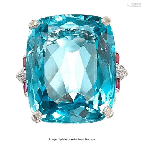 Aquamarine, Diamond, Ruby, Platinum Ring Stones: Cushion-sha...