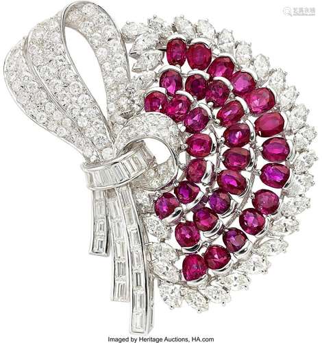 Cecil Burma Ruby, Diamond, White Gold Brooch Stones: Oval-sh...