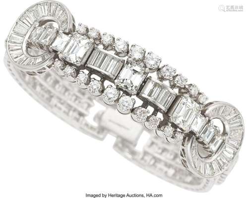 Diamond, Platinum Bracelet Stones: Emerald-cut diamonds weig...