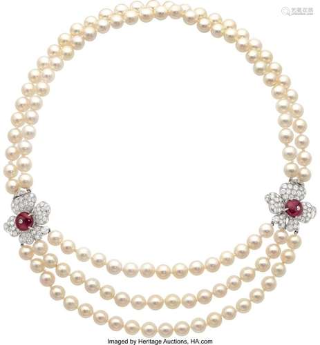 Marianne Ostier Burma Ruby, Diamond, Cultured Pearl, Platinu...