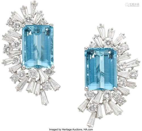 Aquamarine, Diamond, Platinum Earrings Stones: Emerald-cut a...