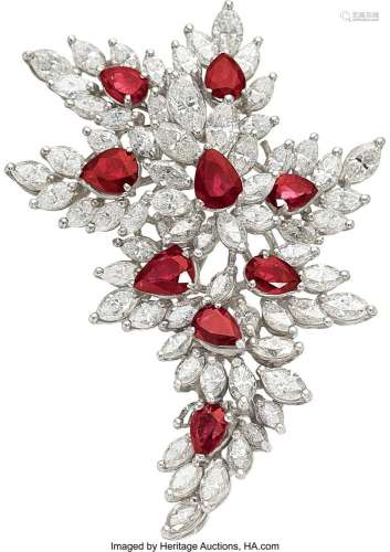 Diamond, Ruby, Platinum Brooch Stones: Pear-shaped rubies we...