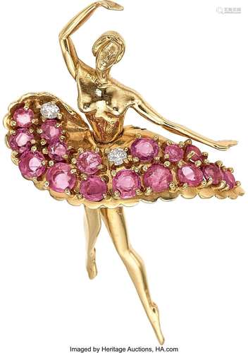 Pink Sapphire, Diamond, Gold Brooch Stones: Round-cut pink s...