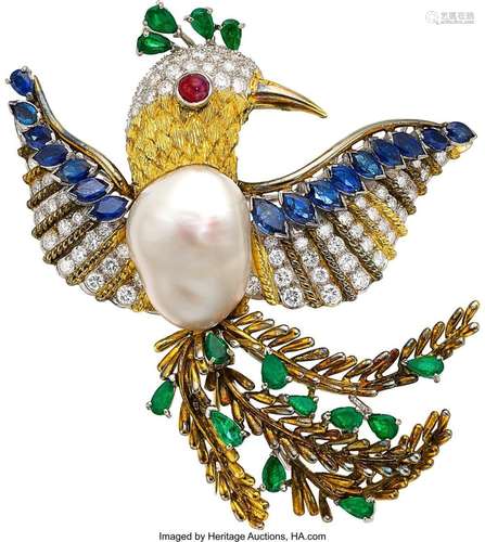 South Sea Cultured Pearl, Diamond, Multi-Stone, Gold Brooch ...