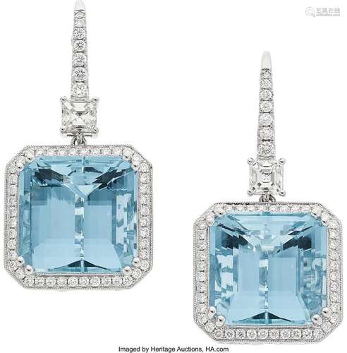 Aquamarine, Diamond, White Gold Earrings Stones: Octagonal a...