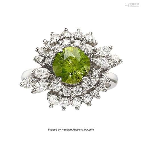 Demantoid Garnet, Diamond, Platinum Ring Stones: Round-cut d...